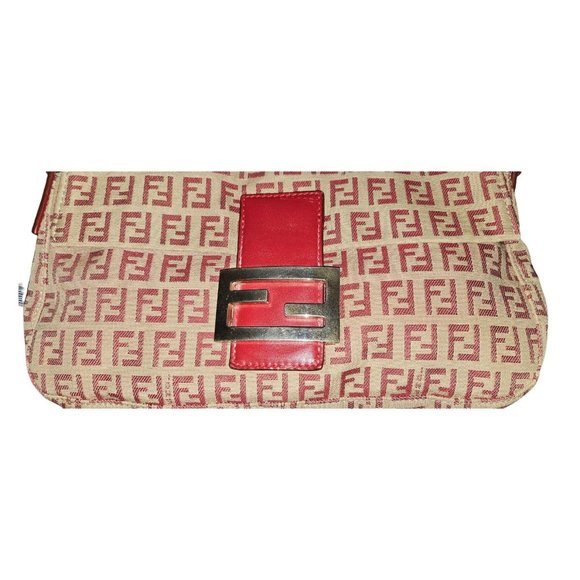 Fendi red Zucchino print baguette bag w chrome FF clasp - Picture 16 of 16